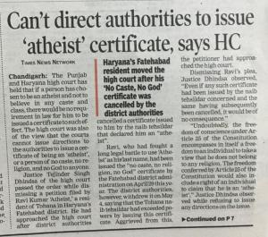 Atheist Certificate High Court Chandigarh